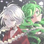  braid breasts cleavage earrings gradient gradient_background green_eyes green_hair grey_background j0h_(j000h3) japanese_clothes jewelry kimono large_breasts long_hair otogami_mimin pale_skin pppppp red_kimono smile upper_body white_hair 