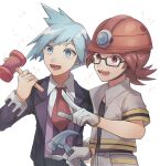  2boys :d absurdres bangs black-framed_eyewear black_shirt collared_shirt commentary_request glasses grey_jacket grey_pants hammer helmet highres holding holding_hammer jacket lower_teeth male_focus multiple_boys necktie open_mouth pants pointing pokemon pokemon_(game) pokemon_dppt pokemon_oras red_eyes red_hair red_headwear red_necktie roark_(pokemon) shirt short_hair short_sleeves sioinari_03 smile sparkle steven_stone teeth vest white_background white_shirt 