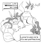  3_fingers 3_toes anthro belly big_belly big_muscles bodily_fluids burping claws english_text feet fingers gameplay_mechanics generation_4_pokemon gui hand_on_stomach hands_on_belly headshot_portrait health_bar health_points hi_res huge_muscles lucario lying male monochrome mrunknown37 musclegut muscular narrowed_eyes nintendo nipples on_front open_mouth pecs pokemon pokemon_(species) portrait saliva simple_background solo text text_box toes video_games white_background 