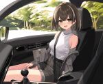  1girl arknights bare_shoulders belt black_hair black_shorts blush breasts car_interior earrings highres jewelry long_sleeves looking_at_viewer magallan_(arknights) medium_breasts multicolored_hair off_shoulder open_mouth shirt shirt_tucked_in short_hair shorts sigm@ sitting smile solo streaked_hair white_hair white_shirt yellow_eyes 