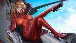  1girl blue_eyes bodysuit breasts cockpit commentary_request covered_nipples crossed_legs high_heels impossible_bodysuit impossible_clothes large_breasts latex latex_bodysuit long_hair looking_at_viewer neon_genesis_evangelion orange_hair parted_lips plugsuit red_bodysuit sade_abyss shiny shiny_clothes sitting skin_tight solo souryuu_asuka_langley 