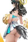  1girl absurdres ass back bare_arms bare_shoulders black_hair blue_archive cheerleader cowboy_shot crop_top dog_girl dog_tail from_behind halo hibiki_(blue_archive) hibiki_(cheerleader)_(blue_archive) highres holding holding_pom_poms long_hair looking_at_viewer looking_back open_mouth pleated_skirt pom_pom_(cheerleading) simple_background skirt solo tail thighs white_background yoncha 