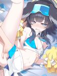  1boy 1girl animal_ears bare_arms bare_legs bare_shoulders black_hair blue_archive blush breasts cheerleader clothed_sex crop_top dog_ears dog_girl eyewear_on_head goggles goggles_on_head halo hetero hibiki_(blue_archive) hibiki_(cheerleader)_(blue_archive) highres leg_up long_hair lying midriff navel nose_blush on_side penis pleated_skirt pom_pom_(cheerleading) pussy_juice sex sex_from_behind skirt small_breasts solo_focus spasm spread_legs sticker_on_face sweat tatsuya_(trypaint) torso_grab vaginal 