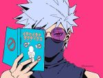  1boy book clonion earrings grey_hair hatake_kakashi holding holding_book instagram_username jewelry looking_at_viewer male_focus mask naruto naruto_(series) pink_background round_eyewear sharingan simple_background stud_earrings upper_body 