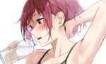  1girl arm_up armpits bangs bikini blush bottle brown_eyes collarbone from_side highres holding holding_bottle izawa_(bhive003) open_mouth original red_hair shiny shiny_hair short_hair simple_background solo swimsuit teeth tongue water_bottle white_background 