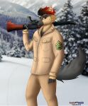  absurd_res anthro canid canine canis clothing fg42 gun hi_res light looking_at_viewer lucareelo machine male mammal mountain plant ranged_weapon red_eyes snow soldier solo tree warrior weapon wolf 