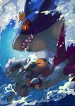  arcanine commentary dedenne foam from_side highres latias looking_up no_humans pokemon pokemon_(creature) riding riding_pokemon sharp_teeth sharpedo symbol-only_commentary teeth water yellow_eyes yoshiya_(ina_ba_ya) 