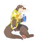  anthro asnnonaka beverage black_bottomwear black_clothing bottomwear brown_body brown_fur brown_tail chest_tuft clothed clothing eyes_closed fangs full-length_portrait fur green_clothing green_topwear head_tuft hi_res holding_beverage holding_object lutrine male mammal mustelid open_mouth pawpads pink_pawpads portrait side_view simple_background sitting solo tan_body tan_fur topwear tuft unsigned yawn 