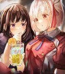  2girls absurdres aoi_hane artist_name bangs black_hair blonde_hair blue_dress blue_ribbon blush bob_cut collared_shirt commentary_request cup dress drink drinking_glass drinking_straw food fruit grey_dress hair_ribbon highres holding holding_cup holding_drink inoue_takina lemon lemon_slice lemonade long_hair lycoris_recoil lycoris_uniform multiple_girls neck_ribbon nishikigi_chisato parted_lips pleated_dress purple_eyes red_dress red_eyes red_ribbon ribbon shirt short_hair short_sleeves signature twitter_username two-tone_dress upper_body watermark white_shirt yuri 