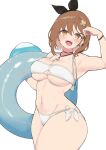  1girl :d atelier_(series) atelier_ryza atelier_ryza_2 bikini blush braid breasts brown_hair hair_between_eyes hair_ornament highres holding holding_innertube innertube jewelry key_necklace large_breasts looking_at_viewer navel necklace open_mouth reisalin_stout short_hair simple_background smile solo swimsuit teeth thick_thighs thighs upper_teeth wet white_background white_bikini yabai_gorilla yellow_eyes 