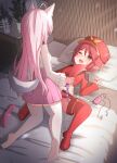  2girls absurdres ahoge anal_tail animal_ears bed blush dildo fake_tail highres holding holding_sex_toy imminent_anal imminent_penetration incense looking_at_another lying multiple_girls on_back on_bed one_eye_closed open_mouth original pillow pink_hair pointy_ears red_eyes red_hair red_headwear remote_control_vibrator sex_toy tail teeth upper_teeth user_wtax5234 vibrator yuri 
