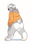  anthro asnnonaka bottomless butt clothed clothing curled_tail fangs full-length_portrait fur glistening glistening_eyes grey_body grey_fur head_tuft hi_res looking_at_viewer looking_back looking_back_at_viewer male open_mouth orange_clothing orange_topwear overweight overweight_anthro overweight_male pawpads portrait ryuusei simple_background solo standing topwear tuft unsigned white_background white_body white_fur yellow_pawpads 