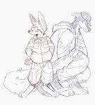  anthro asnnonaka barefoot bottomwear canid cheek_tuft clothed clothing digitigrade duo facial_tuft feet front_view head_tuft hi_res jacket male mammal mouth_closed pants scarf side_view simple_background simple_eyes sketch spade_tail standing topwear tuft unsigned 
