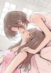  2girls absurdres betock blush brown_hair closed_eyes commentary_request dress duplicate french_kiss highres kiss long_hair multiple_girls original pink_dress pixel-perfect_duplicate short_hair sweat tongue tongue_out yuri 