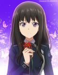  1girl black_hair blue_jacket bug butterfly closed_mouth collared_shirt facing_viewer flower gradient gradient_background green_ribbon hanzou highres holding holding_flower inoue_takina jacket long_hair lycoris_recoil neck_ribbon purple_background purple_eyes ribbon shirt solo spider_lily white_shirt 