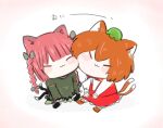  2girls :3 animal_ears braid cat_ears cat_tail chen chibi dai-kin dress earrings green_dress highres jewelry kaenbyou_rin multiple_girls multiple_tails nekomata red_hair single_earring tail touhou twin_braids yuri 