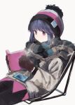  1girl absurdres beanie blue_hair book brown_gloves cellphone gloves hat highres holding holding_book leadin_the_sky phone purple_eyes reading scarf shima_rin simple_background sitting smartphone solo sweater white_background winter_clothes yurucamp 