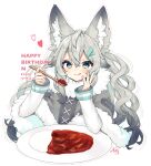  1girl :q animal_ears aqua_eyes capelet curry curry_rice food fur-trimmed_capelet fur_trim grey_hair hand_on_own_cheek hand_on_own_face happy_birthday highres indie_virtual_youtuber long_hair long_sleeves n_(virtual_youtuber) nachiru plate rice spoon tongue tongue_out wolf_ears wolf_girl 