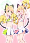  2girls ;d animal_ear_headphones animal_ears arm_up armpits bangs bare_shoulders blonde_hair blue_archive blush breasts cheerleader closed_mouth collarbone commentary_request crop_top fake_animal_ears feet_out_of_frame green_eyes halo harada_(sansei_rain) highres holding long_hair low_twintails midori_(blue_archive) momoi_(blue_archive) multiple_girls navel one_eye_closed pleated_skirt pom_pom_(cheerleading) red_eyes short_twintails siblings sisters skirt small_breasts smile standing tail twins twintails white_skirt 
