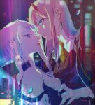  2girls absurdres breasts cyberpunk cyberpunk_(series) cyberpunk_edgerunners darling_in_the_franxx highres horns lucy_(cyberpunk_edgerunners) multiple_girls parted_lips pink_hair short_hair signature user_zwnz8334 yuri zero_two_(darling_in_the_franxx) zipper_pull_tab 