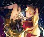  1girl anklet bangs black_dress blonde_hair bow cape dress earrings ereshkigal_(fate) fate/grand_order fate_(series) hair_bow hair_ribbon holding holding_lantern jewelry lantern long_hair long_sleeves puffy_sleeves red_bow red_eyes ribbon solo tiara two_side_up weed_(astarone) 