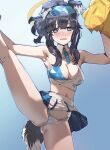  1girl animal_ears armpits bare_shoulders black_hair blue_archive blue_background blue_eyes blush bow_(bhp) breasts cheerleader cleavage crop_top dog_ears dog_girl dog_tail eyewear_on_head goggles goggles_on_head gradient gradient_background halo hibiki_(blue_archive) hibiki_(cheerleader)_(blue_archive) highleg leg_up long_hair looking_at_viewer medium_breasts midriff navel open_mouth panties pom_pom_(cheerleading) simple_background skirt solo split standing standing_on_one_leg standing_split tail thighs underwear white_skirt 