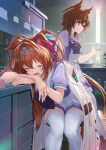  2girls agnes_tachyon_(umamusume) ahoge bow bowtie breasts brown_hair closed_eyes commentary_request cup daiwa_scarlet_(umamusume) fang highres holding holding_cup horse_girl indoors long_hair multiple_girls nabe_saori open_mouth pleated_skirt puffy_short_sleeves puffy_sleeves purple_bow purple_bowtie red_eyes short_sleeves sitting skirt small_breasts thighhighs umamusume very_long_hair white_skirt white_thighhighs zettai_ryouiki 