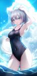  1girl absurdres animal_ear_fluff animal_ears bangs black_one-piece_swimsuit blue_archive blue_eyes blue_sky breasts cloud competition_swimsuit contrapposto covered_navel cross_hair_ornament day extra_ears grey_hair hair_ornament halo highres innertube looking_at_viewer low_ponytail medium_breasts medium_hair mismatched_pupils multicolored_clothes multicolored_swimsuit one-piece_swimsuit outdoors shiroko_(blue_archive) shiroko_(swimsuit)_(blue_archive) sky soaking_feet solo swimsuit usagi_(786113654) water water_drop 