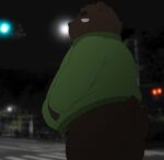  2022 absurd_res anthro butt clothing hi_res kemono male mammal night outside overweight overweight_male penta002 solo sweater topwear ursid 