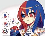  1girl alear_(fire_emblem) alear_(fire_emblem)_(female) among_us among_us_eyes_(meme) blue_eyes blue_hair bow cellphone colgate color_connection fire_emblem fire_emblem_engage food heterochromia highres meme multicolored_hair nintendo_switch none1504 pepsi phone popsicle red_eyes red_hair smartphone solo sweat tears toothpaste watermark white_bow 