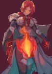  1girl aduti_momoyama blush breasts cape dress fire fire_emblem fire_emblem:_three_houses fire_emblem_warriors:_three_hopes gloves hair_ornament highres long_sleeves looking_at_viewer monica_von_ochs official_alternate_costume official_alternate_hairstyle red_eyes red_hair short_hair simple_background smile solo 