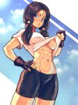  1girl abs babusgames bike_shorts black_hair blue_eyes blue_sky cameltoe clothes_lift commentary dragon_ball dragon_ball_z english_commentary fingerless_gloves gloves hand_on_hip highres low_twintails muscular muscular_female navel nipples no_bra one_breast_out open_mouth shirt_lift sky solo stomach sunlight sweat twintails videl 
