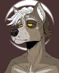  anthro black_nose brown_body brown_fur brown_hair bust_portrait canid eyebrows front_view fur glistening glistening_eyes grey_body grey_fur hair hi_res imperatorcaesar looking_aside male mammal mouth_closed nude portrait simple_background solo unsigned white_eyebrows white_hair 