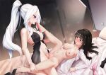  2girls black_hair bra bra_removed breasts character_request copyright_request feet large_breasts legwear_removed licking licking_foot multiple_girls navel nipples pink_bra ponytail purple_eyes red_eyes sheet_grab toes tribadism underwear white_hair xiaochentan yuri 