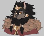  anthro black_hair braided_hair canid canine canis cheek_tuft clothed clothing crown digital_media_(artwork) facial_tuft frown fur hair hi_res king long_hair looking_at_viewer male mammal orange_eyes portrait punkinbuu royalty shaded simple_background solo topwear tuft 