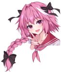  1boy absurdres astolfo_(fate) astolfo_(sailor_paladin)_(fate) black_bow bow braid crossdressing fang fate/grand_order fate_(series) hair_bow hair_intakes highres long_braid long_hair male_focus mergerri multicolored_hair neckerchief official_alternate_costume otoko_no_ko pink_hair pink_neckerchief pink_sailor_collar purple_eyes red_sailor_collar sailor_collar school_uniform serafuku single_braid skin_fang smile streaked_hair v white_hair 