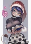  1girl blob blue_eyes blue_hair book breasts closed_mouth dated doremy_sweet grey_background haruno_(kuromitugozen) hat highres holding holding_book large_breasts looking_at_viewer nightcap outside_border pom_pom_(clothes) red_headwear short_hair signature simple_background solo tail tapir_tail touhou twitter_username 