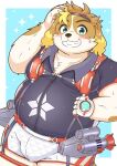  2022 anthro belly blush bottomwear bulge canid canine canis clothing domestic_dog hi_res hisaki_(live-a-hero) humanoid_hands kemono lifewonders live-a-hero male mammal mau_(artist) overweight overweight_male shirt shorts solo topwear video_games 