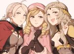  1boy 2girls ahoge bangs blonde_hair blue_eyes bodystocking braid breast_cutout buttons cape capelet chest_harness choker fire_emblem fire_emblem_fates forrest_(fire_emblem) gloves grey_eyes hairband harness hat highres hood hood_down hooded_capelet leather leather_gloves leather_strap long_hair looking_at_viewer low_twintails multiple_girls nina_(fire_emblem) o-ring ophelia_(fire_emblem) otoko_no_ko parted_bangs peach11_01 red_hood turtleneck twin_braids twintails upper_body white_hairband 