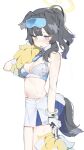  1girl absurdres animal_ears bare_shoulders black_hair blue_archive blue_eyes blush breasts cheerleader cleavage crop_top dog_ears dog_girl dog_tail eyewear_on_head gloves goggles goggles_on_head halo hibiki_(blue_archive) hibiki_(cheerleader)_(blue_archive) highres holding holding_pom_poms hufy long_hair medium_breasts midriff navel open_mouth pleated_skirt pom_pom_(cheerleading) simple_background skirt sleeveless solo sticker_on_face sunglasses tail white_background 