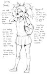  1girl bag character_name character_profile closed_mouth english_commentary english_text ge-b glasses greyscale highres kneehighs monochrome original pleated_skirt scar scar_on_arm scar_on_leg school_bag school_uniform skirt socks solo spiked_hair standing twintails 