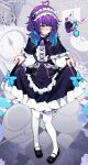  1girl absurdres ahoge akagi_(sk0127aho) apron bandaid bandaid_on_face bandaid_on_nose black_footwear blue_eyes blue_hair blue_nails blush breasts clothes_lift commentary english_commentary heart heart_ahoge highres lifted_by_self looking_at_viewer maid maid_apron maid_headdress medium_breasts melody_(projektmelody) nail_polish projektmelody purple_hair shoes skirt skirt_lift smile t0m_(projektmelody) thighhighs virtual_youtuber vshojo white_apron white_sleeves white_thighhighs 