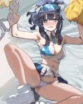  1girl animal_ears armpits bare_shoulders bed_sheet black_hair blue_archive blue_eyes blush bow_(bhp) breasts cameltoe cheerleader cleavage crop_top dog_ears dog_girl dog_tail eyewear_on_head goggles goggles_on_head halo hibiki_(blue_archive) hibiki_(cheerleader)_(blue_archive) highleg holding_another&#039;s_wrist long_hair long_sleeves looking_at_viewer lying medium_breasts midriff navel on_back open_mouth panties pom_pom_(cheerleading) shoes skirt solo_focus split tail thighs underwear white_skirt 