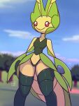  anthro arthropod blurred_background breasts clothed clothing deathzera female generation_5_pokemon hi_res insect leavanny legwear mantis nintendo pokemon pokemon_(species) red_eyes small_breasts smile solo thigh_highs thong underwear video_games wide_hips 