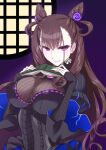  1girl bangs black_hair book breasts dress eyebrows_hidden_by_hair fate/grand_order fate_(series) hair_between_eyes holding holding_book large_breasts long_hair looking_at_viewer mori_marimo murasaki_shikibu_(fate) purple_eyes smile solo twintails 