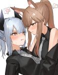  2girls absurdres anger_vein animal_ears arknights black_jacket black_shirt blush bright_pupils brown_hair collared_shirt eighth_note extra_ears flying_sweatdrops fox_ears fox_girl franka_(arknights) grey_hair grey_necktie grey_shirt highres jacket liskarm_(arknights) long_hair long_sleeves multiple_girls musical_note necktie off_shoulder official_alternate_costume open_clothes open_jacket ponytail raw_egg_lent red_eyes shirt sidelocks sleeveless sleeveless_shirt speech_bubble spoken_anger_vein spoken_flying_sweatdrops spoken_musical_note sweatdrop white_pupils yellow_eyes yuri 