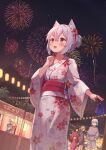  1girl :d absurdres animal_ears arm_at_side bag bagged_fish bangs blush breasts cat_ears clenched_hand collarbone eleven-sora fang festival fireworks fish floral_print grey_hair hair_bun highres holding japanese_clothes kimono lantern looking_up night night_sky open_mouth original people print_kimono red_eyes short_hair sky small_breasts smile solo standing summer_festival yukata 