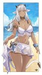  1girl absurdres alternate_costume animal animal_ears armlet ash_(fire_emblem) bangs beach bikini bikini_skirt black_horns blue_sky blush border breasts brown_eyes cleavage closed_mouth collar collarbone commentary cow_ears cow_girl cow_horns cow_tail dark-skinned_female dark_skin day english_commentary fingernails fire_emblem fire_emblem_heroes gold_headband grey_hair hair_ornament headband highres horns jewelry large_breasts long_hair looking_at_viewer navel ocean outdoors outside_border sakuremi sand signature skirt skirt_hold sky smile solo stomach swimsuit tail water white_bikini white_border white_skirt 