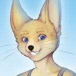  alrunite anthro blue_eyes bright_eyes canid canine clothing eye_glint female fennec fluffy fox fur icon mammal matthews(razumi) shaded shirt smile solo tan_body tan_fur tank_top topwear whiskers 