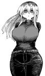  1girl :&lt; @_@ arms_behind_back black_hair black_shirt blush breasts brown_hair denim greyscale highres ink_(medium) jeans kinjo_no_hito_no_nakimushi large_breasts long_sleeves monochrome multicolored_hair ochiai_(kinjo_no_hito_no_nakimushi) pants shirt simple_background smile traditional_media triangle_mouth two-tone_hair white_background white_hair zyugoya 